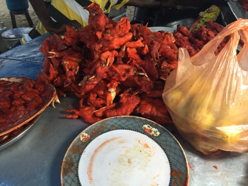 Fried crabs at the Sea fish Fry stall in Marina Beach, Chennai.