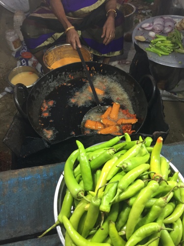 Long chili fritters/Pakora stall at Marina Beach, Chennai.