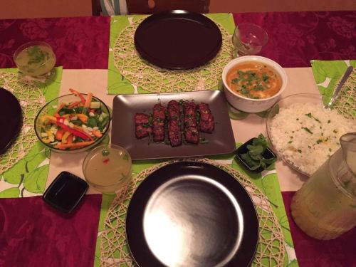 Birthday dinner-Saffron rice, Thai coconut prawn curry, Sweet and Sour glazed Salmon, mint &Strawberry cooler